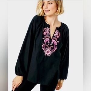 Lilly Pulitzer Iva Top Blouse In Onyx Hot Pink Embellishments Size Medium